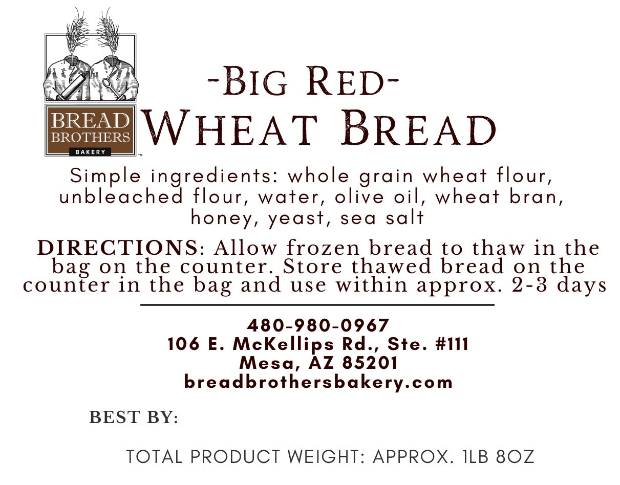 product label for big red wheat sandwich loaf with list of ingredients