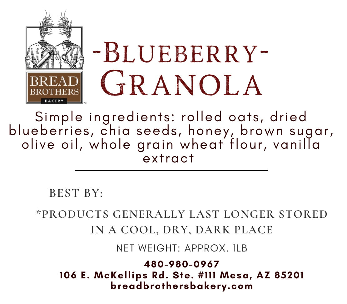 Product label with list of ingredients for Bread Brothers Bakery Blueberry Granola