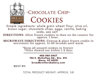 product label for chocolate chip cookie with list of ingredients whole grain wheat flour, olive oil, brown sugar, chocolate chips, eggs, vanilla, baking soda, sea salt