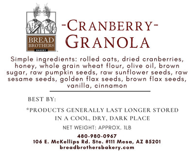 product label with list of ingredients for Bread Brothers Cranberry Granola