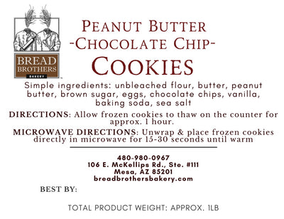 product label for peanut butter chocolate chip cookie with list of ingredients unbleached flour, butter, peanut butter, brown sugar, eggs, chocolate chips, vanilla, baking soda, sea salt