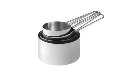 stainless steel measuring cup set with wire handles on white background