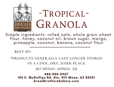 Product label with list of ingredients for Bread Brothers Bakery Tropical Granola