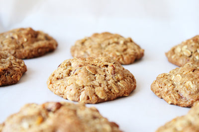 close up cranberry oatmeal pecan cookies with pecans copyrighted image